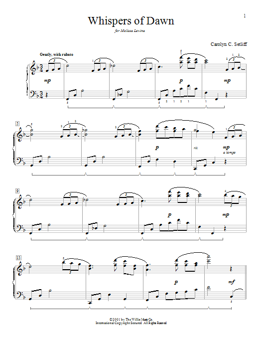 Download Carolyn C. Setliff Whispers Of Dawn Sheet Music and learn how to play Easy Piano PDF digital score in minutes