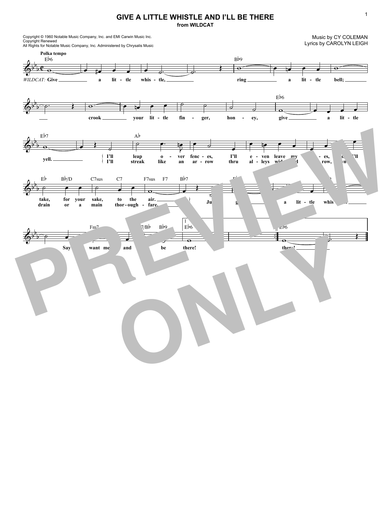 Download Carolyn Leigh Give A Little Whistle And I'll Be There Sheet Music and learn how to play Melody Line, Lyrics & Chords PDF digital score in minutes