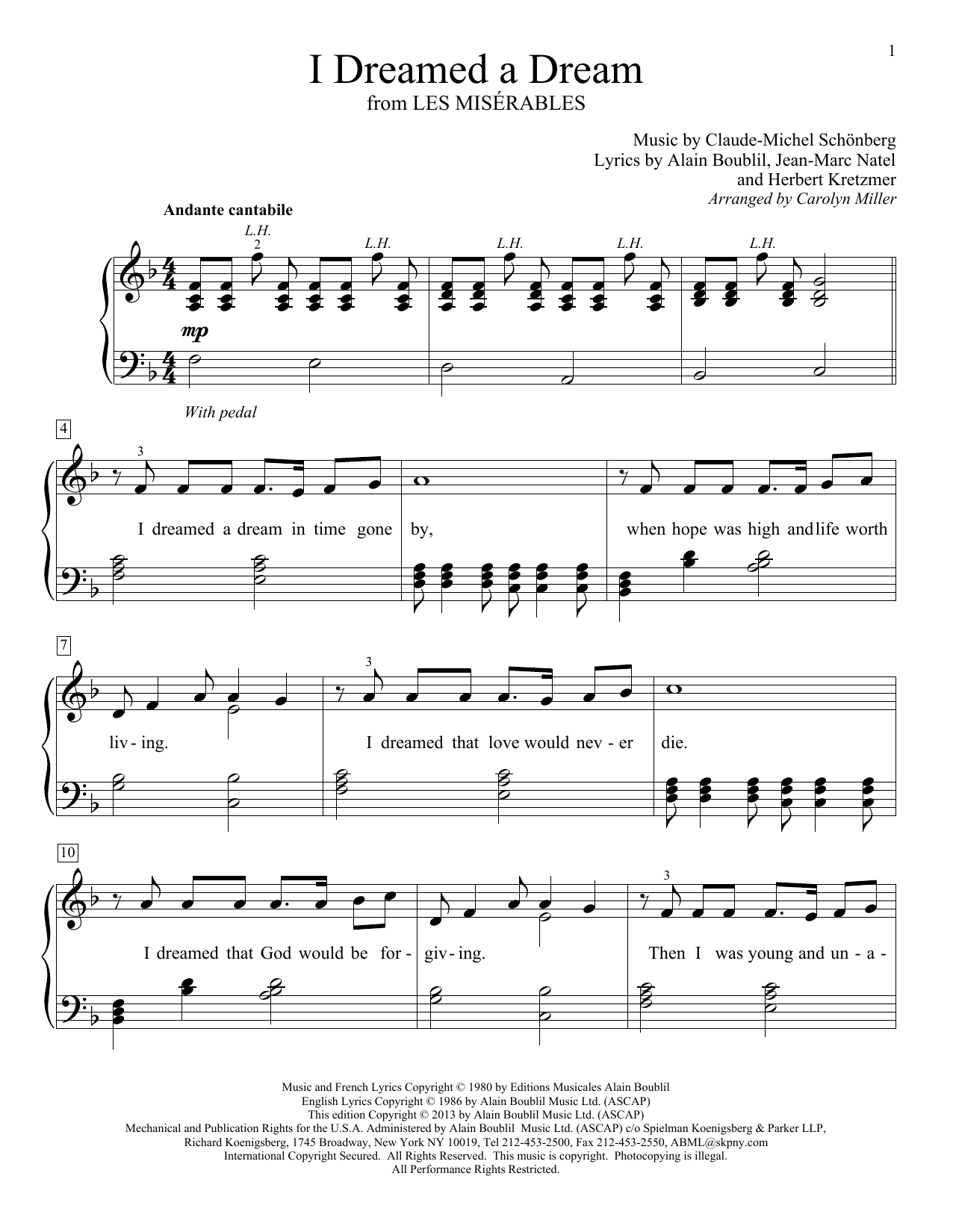 Download Carolyn Miller I Dreamed A Dream Sheet Music and learn how to play Easy Piano PDF digital score in minutes