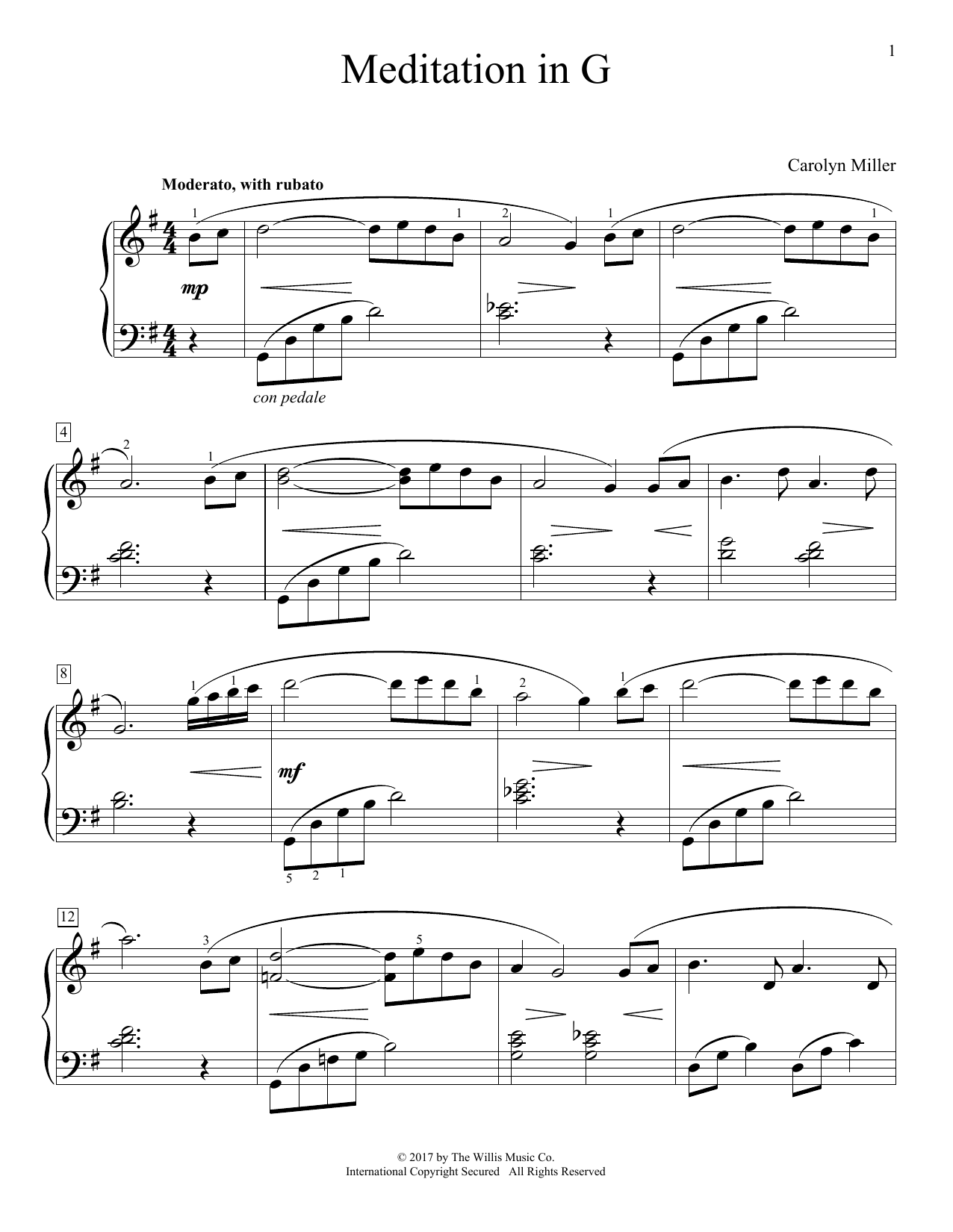 Download Carolyn Miller Meditation In G Sheet Music and learn how to play Educational Piano PDF digital score in minutes