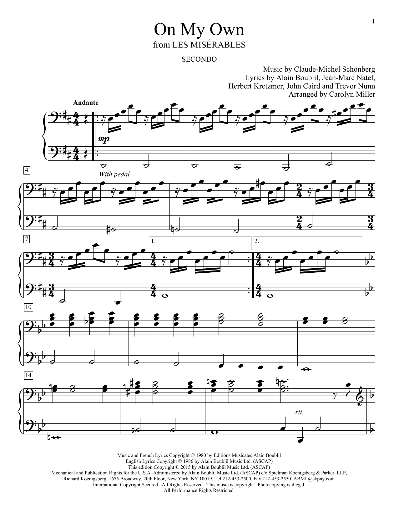 Download Boublil and Schonberg On My Own (from Les Miserables) Sheet Music and learn how to play Piano Duet PDF digital score in minutes
