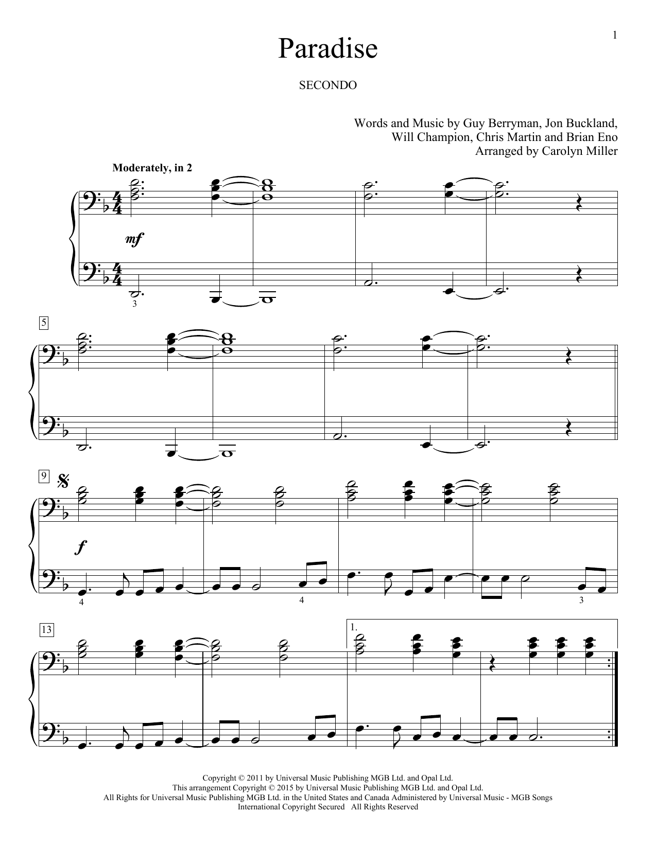Download Coldplay Paradise Sheet Music and learn how to play Piano Duet PDF digital score in minutes