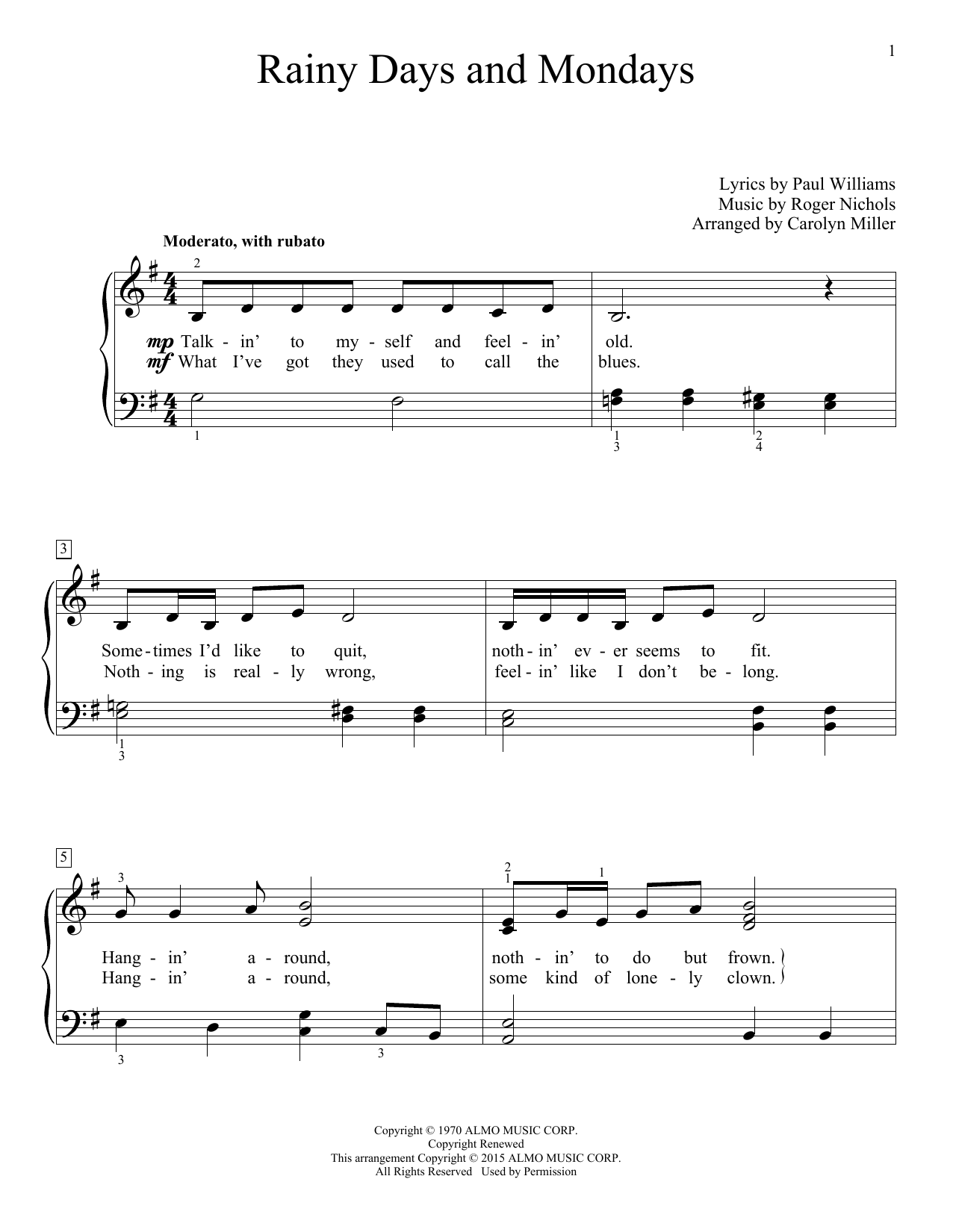 Download Carpenters Rainy Days And Mondays Sheet Music and learn how to play Easy Piano PDF digital score in minutes