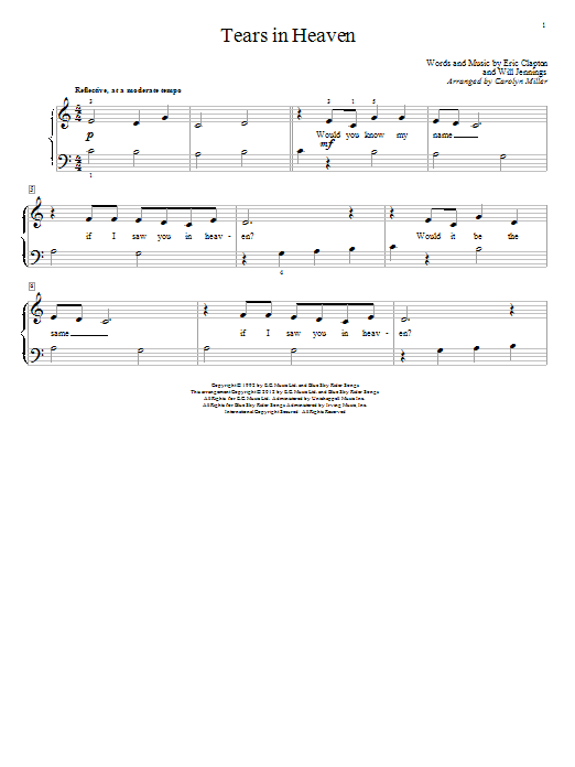 Download Carolyn Miller Tears In Heaven Sheet Music and learn how to play Piano PDF digital score in minutes