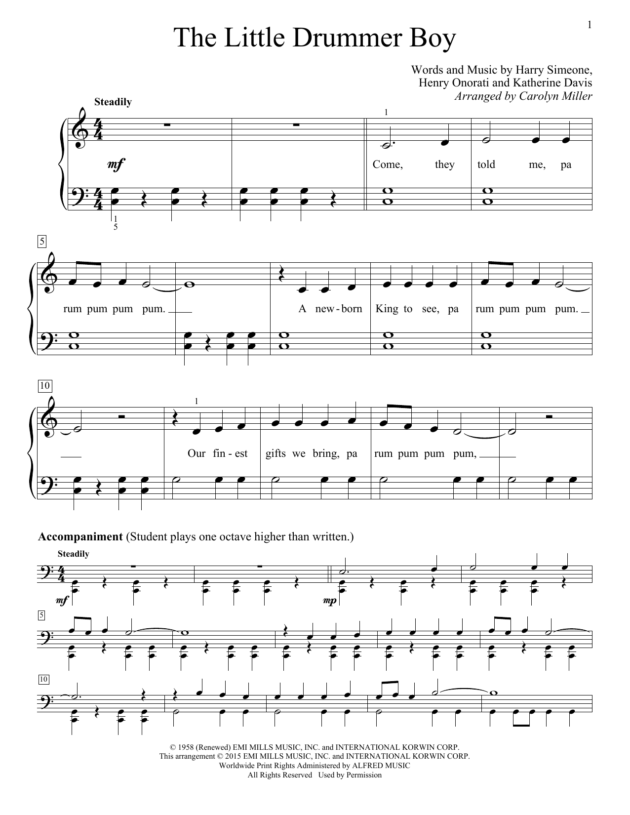 Download Carolyn Miller The Little Drummer Boy Sheet Music and learn how to play Easy Piano PDF digital score in minutes