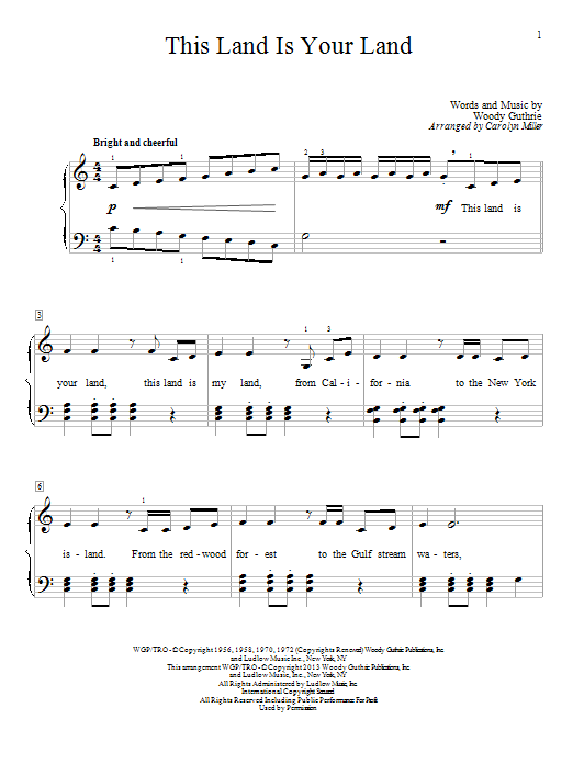 Download Carolyn Miller This Land Is Your Land Sheet Music and learn how to play Easy Piano PDF digital score in minutes