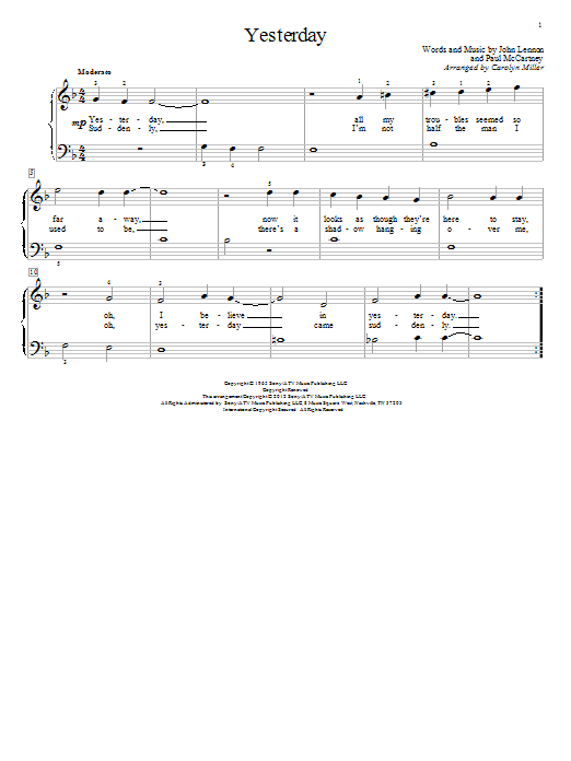 Download Carolyn Miller Yesterday Sheet Music and learn how to play Piano PDF digital score in minutes