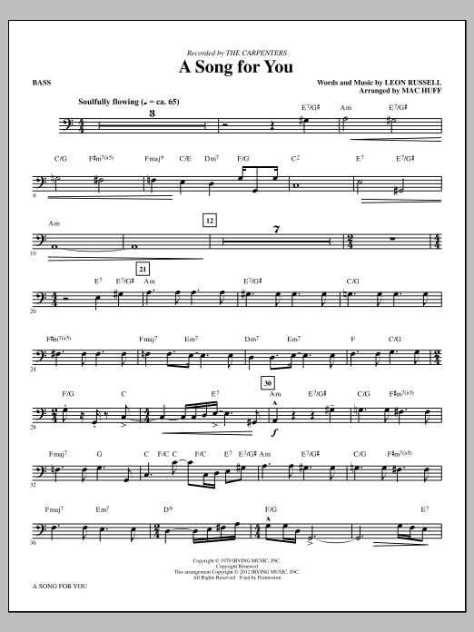 Download Carpenters A Song For You (arr. Mac Huff) - Bass Sheet Music and learn how to play Choir Instrumental Pak PDF digital score in minutes