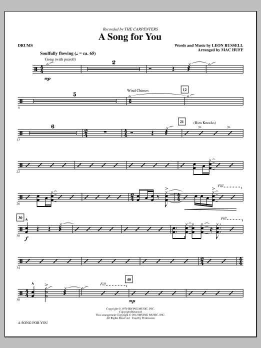 Download Carpenters A Song For You (arr. Mac Huff) - Drums Sheet Music and learn how to play Choir Instrumental Pak PDF digital score in minutes