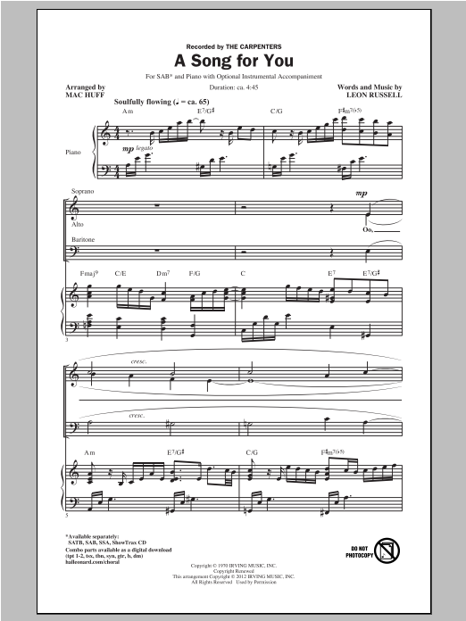 Download Carpenters A Song For You (arr. Mac Huff) Sheet Music and learn how to play SSA PDF digital score in minutes