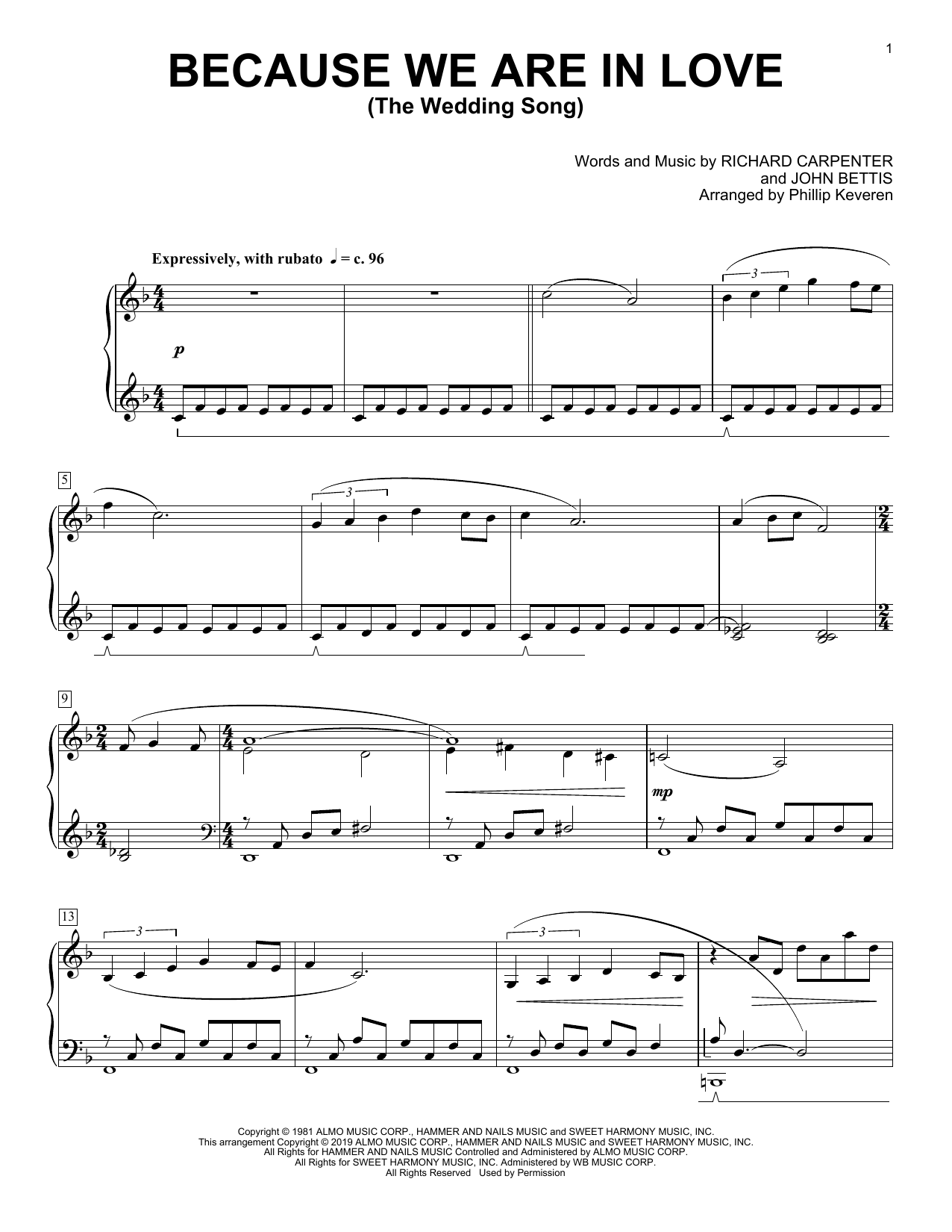 Download Carpenters Because We Are In Love (The Wedding Song) (arr. Phillip Keveren) Sheet Music and learn how to play Piano Solo PDF digital score in minutes