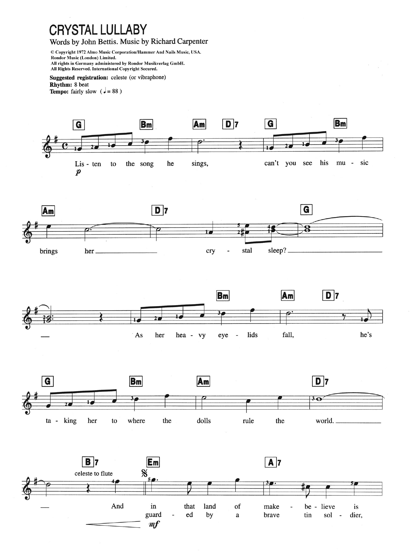 Download Carpenters Crystal Lullaby Sheet Music and learn how to play Keyboard PDF digital score in minutes