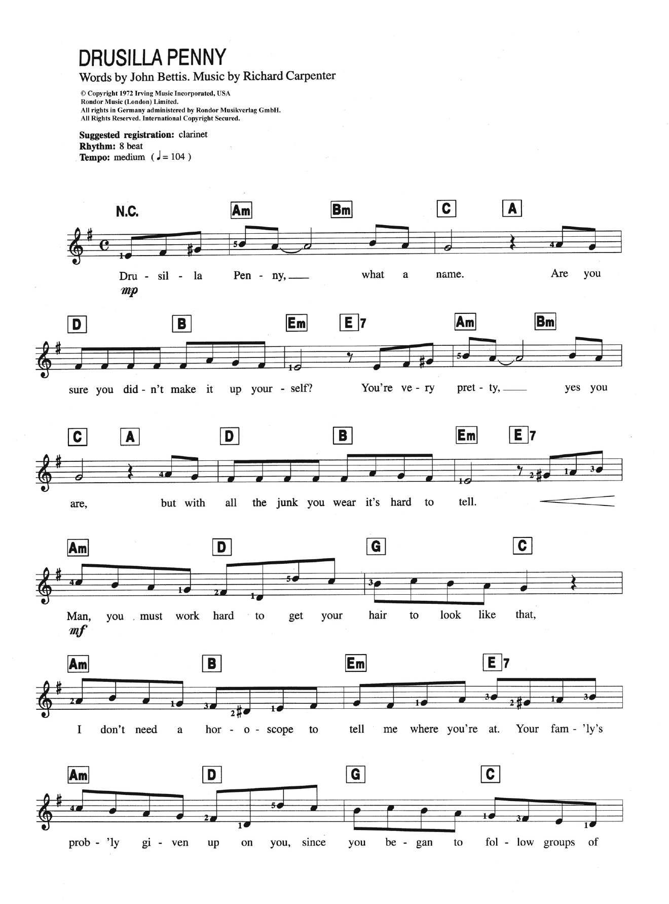 Download Carpenters Drusilla Penny Sheet Music and learn how to play Keyboard PDF digital score in minutes