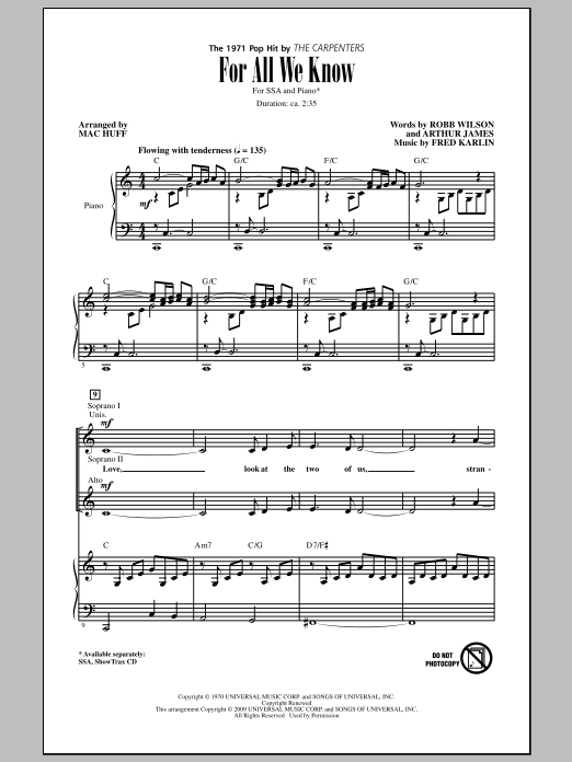 Download Carpenters For All We Know (arr. Mac Huff) Sheet Music and learn how to play SSA Choir PDF digital score in minutes