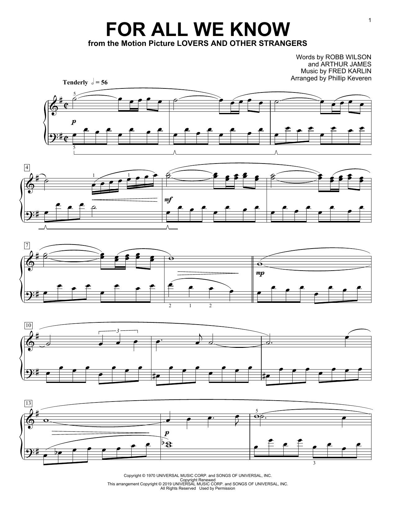 Download Carpenters For All We Know (arr. Phillip Keveren) Sheet Music and learn how to play Piano Solo PDF digital score in minutes