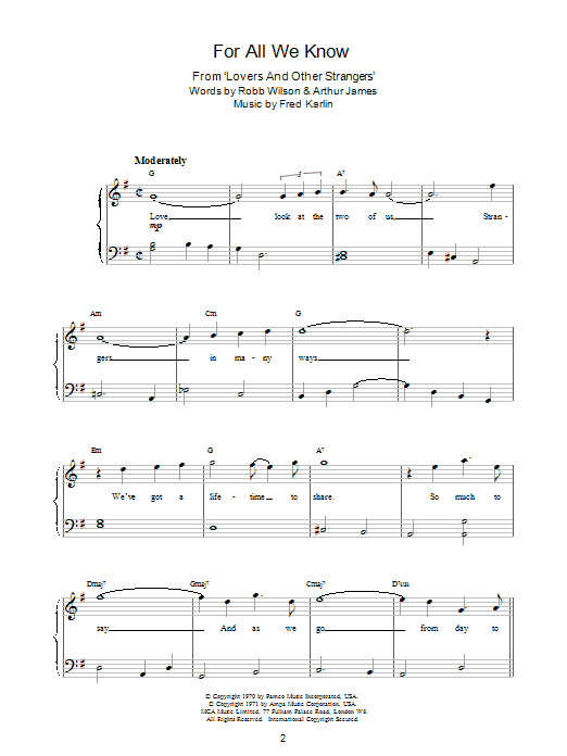 Download Carpenters For All We Know Sheet Music and learn how to play Piano, Vocal & Guitar (Right-Hand Melody) PDF digital score in minutes
