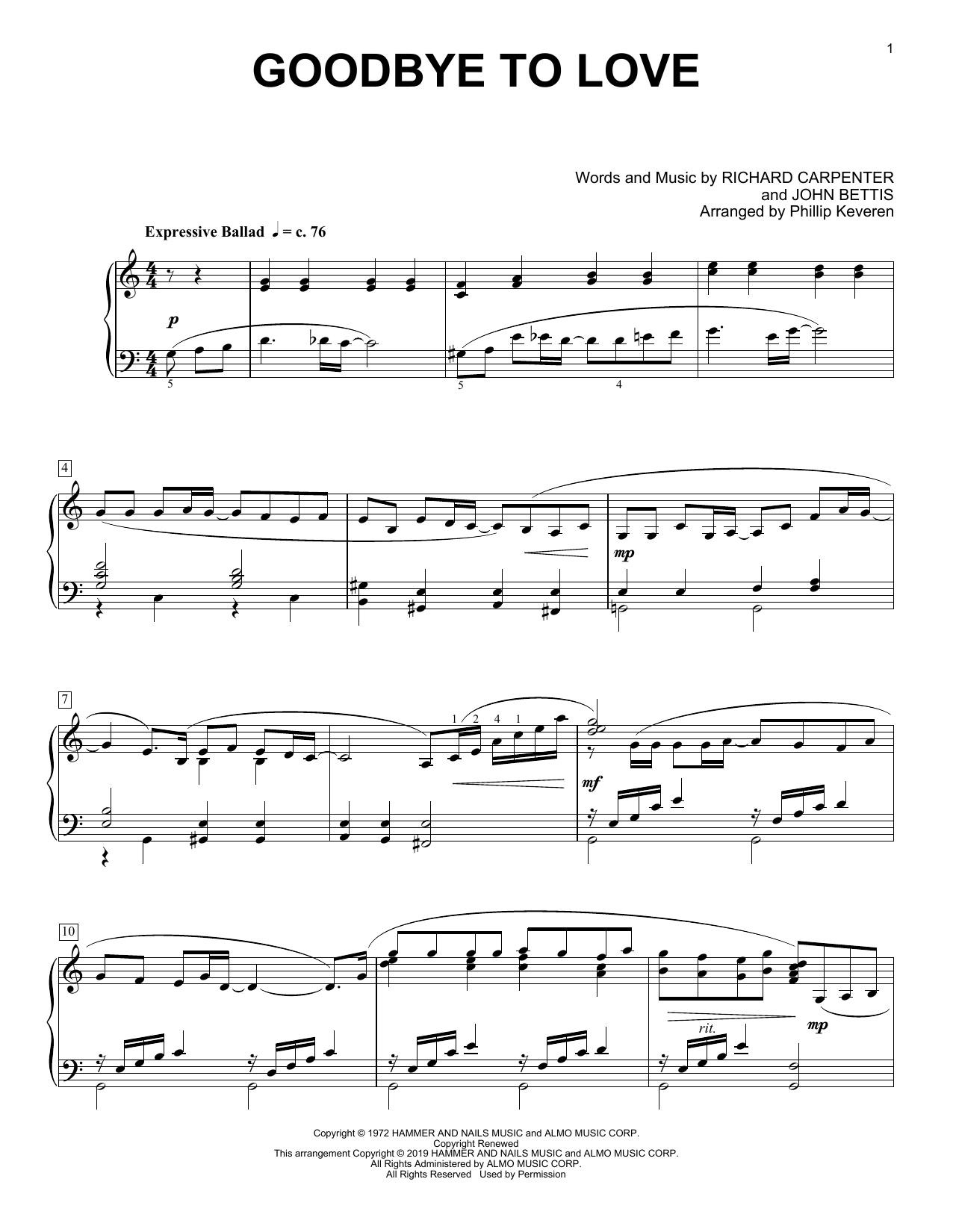 Download Carpenters Goodbye To Love (arr. Phillip Keveren) Sheet Music and learn how to play Piano Solo PDF digital score in minutes