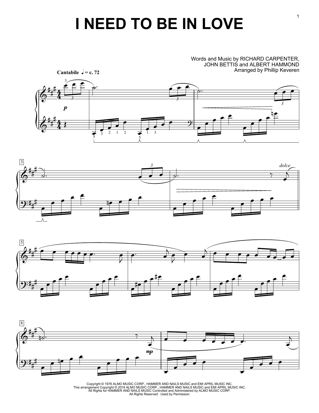 Download Carpenters I Need To Be In Love (arr. Phillip Keveren) Sheet Music and learn how to play Piano Solo PDF digital score in minutes