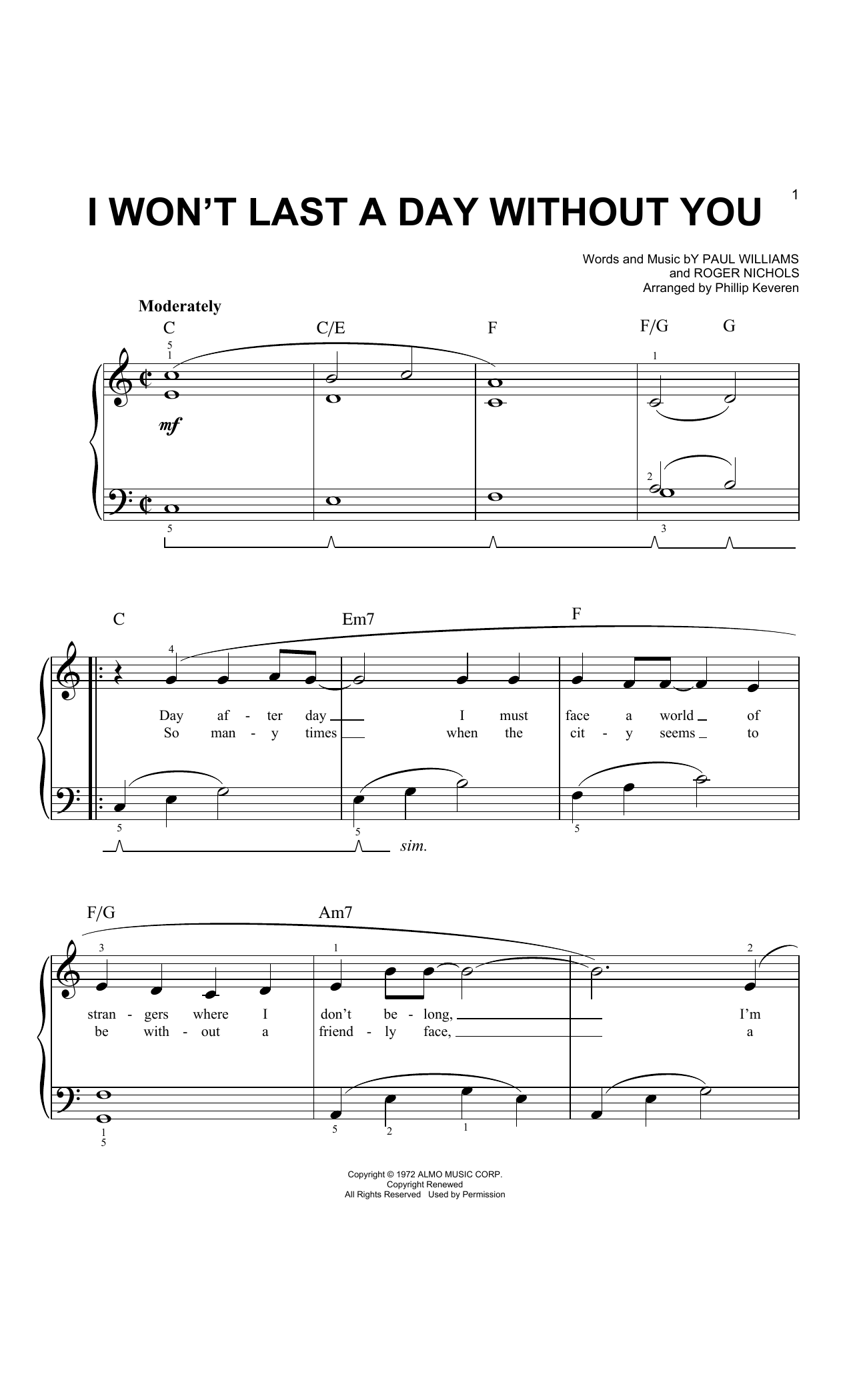 Download Carpenters I Won't Last A Day Without You (arr. Phillip Keveren) Sheet Music and learn how to play Piano Solo PDF digital score in minutes