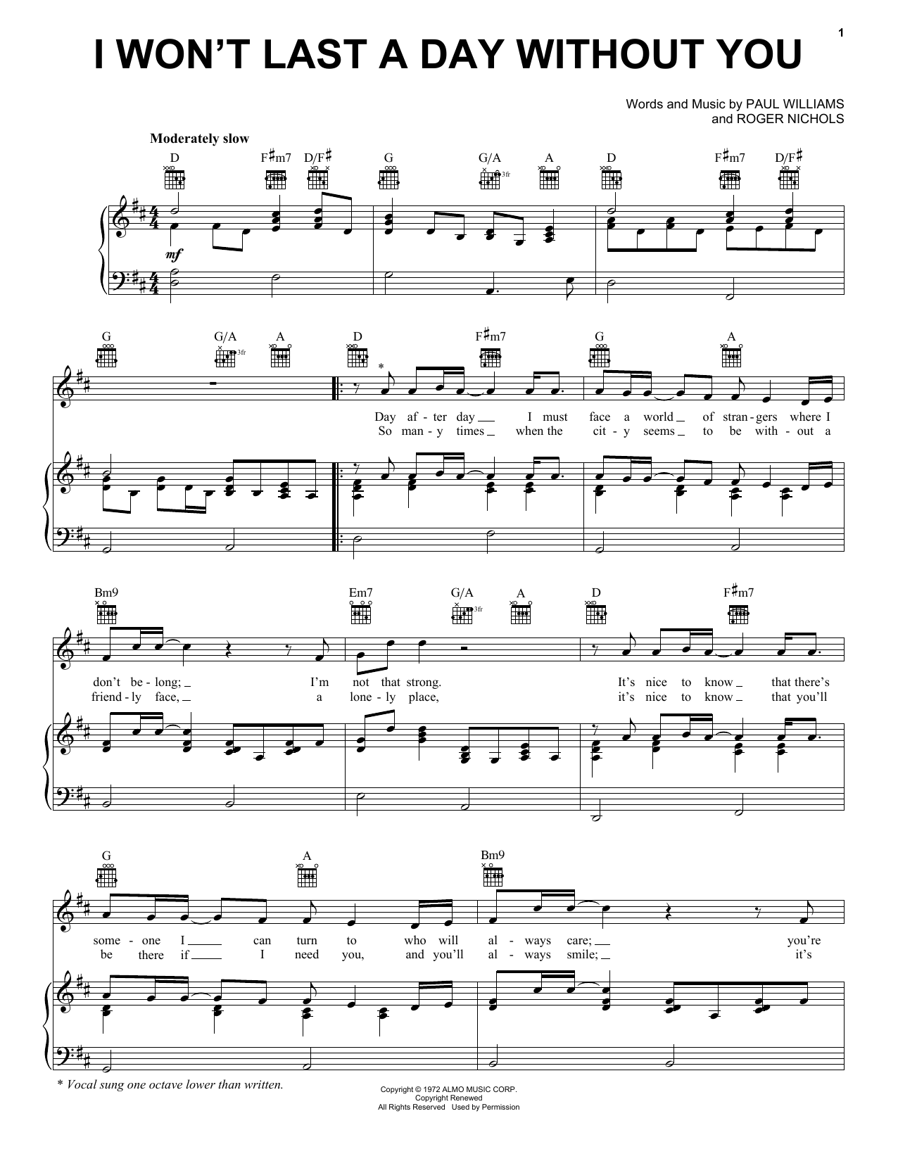 Download The Carpenters I Won't Last A Day Without You Sheet Music and learn how to play Melody Line, Lyrics & Chords PDF digital score in minutes
