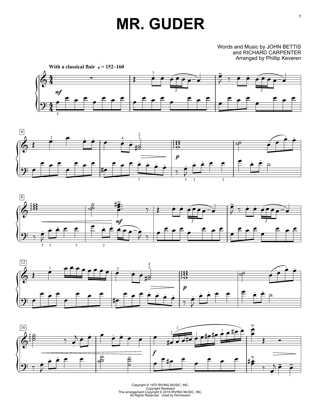 Download Carpenters Mr. Guder (arr. Phillip Keveren) Sheet Music and learn how to play Piano Solo PDF digital score in minutes