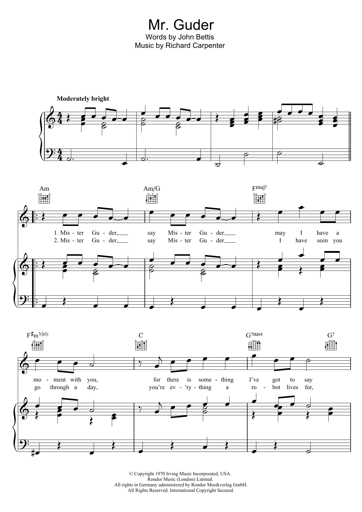 Download Carpenters Mr. Guder Sheet Music and learn how to play Piano, Vocal & Guitar (Right-Hand Melody) PDF digital score in minutes