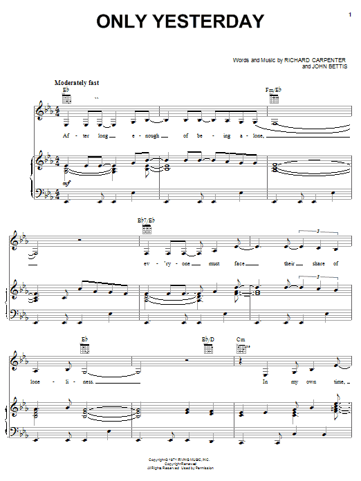 Download Carpenters Only Yesterday Sheet Music and learn how to play Keyboard PDF digital score in minutes