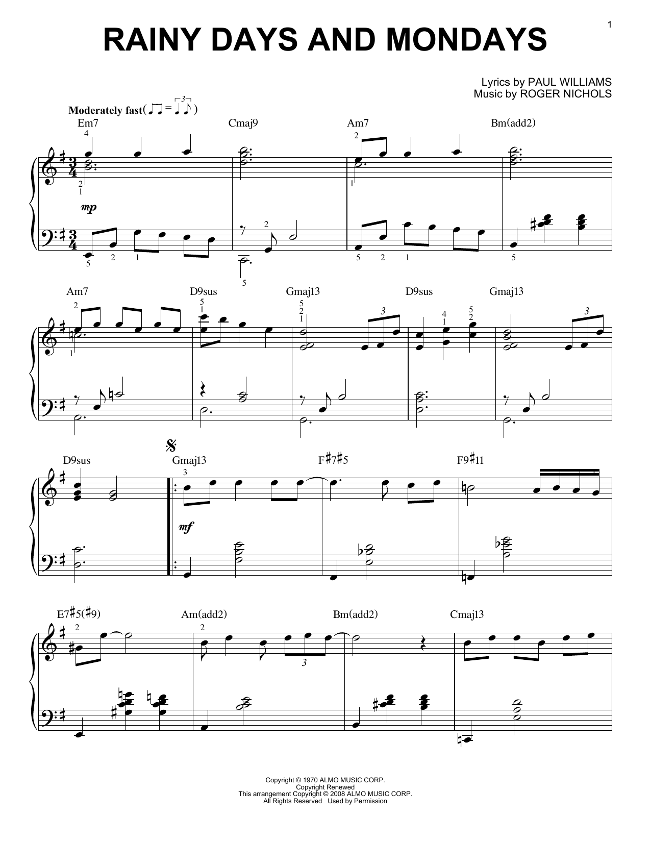 Download Carpenters Rainy Days And Mondays Sheet Music and learn how to play Piano PDF digital score in minutes