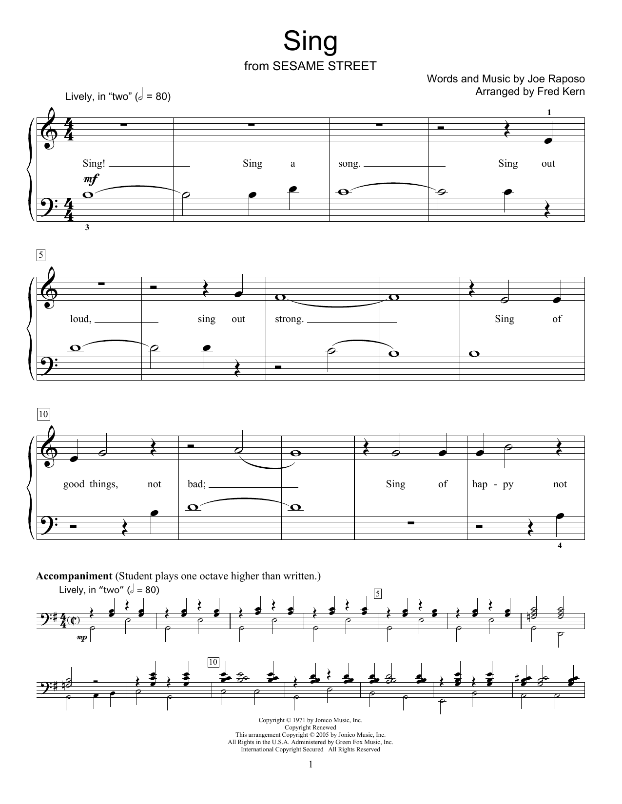 Download Fred Kern Sing Sheet Music and learn how to play Easy Piano PDF digital score in minutes