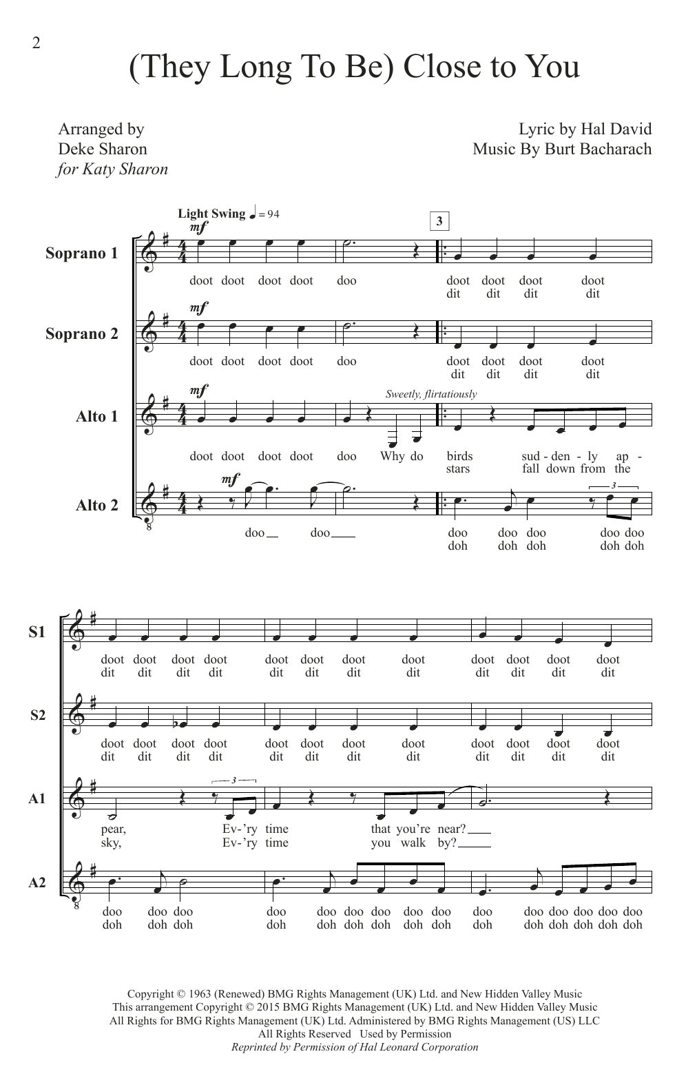 Download Deke Sharon (They Long To Be) Close To You Sheet Music and learn how to play SSA PDF digital score in minutes