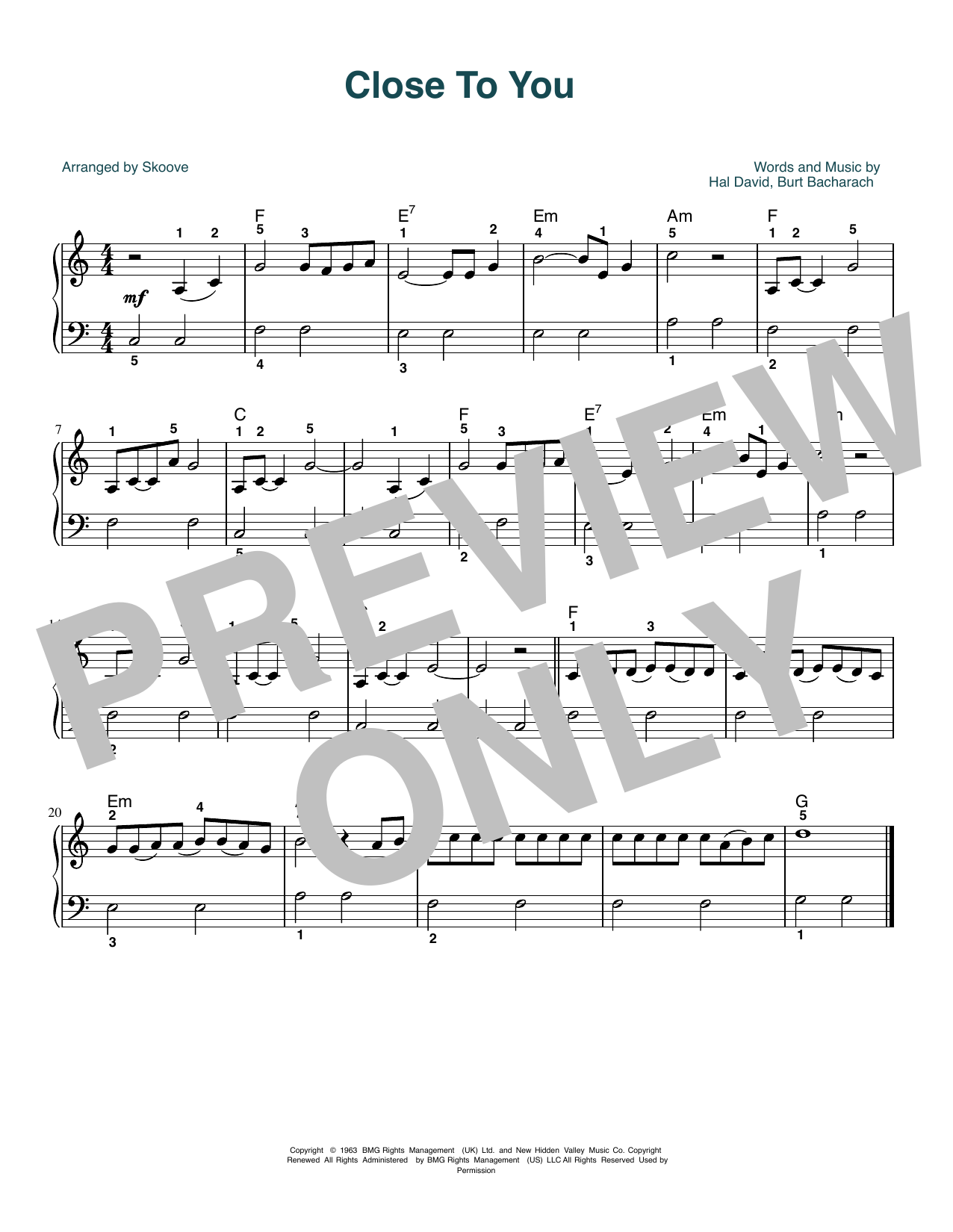 Download Carpenters (They Long To Be) Close To You (arr. Skoove) Sheet Music and learn how to play Beginner Piano (Abridged) PDF digital score in minutes