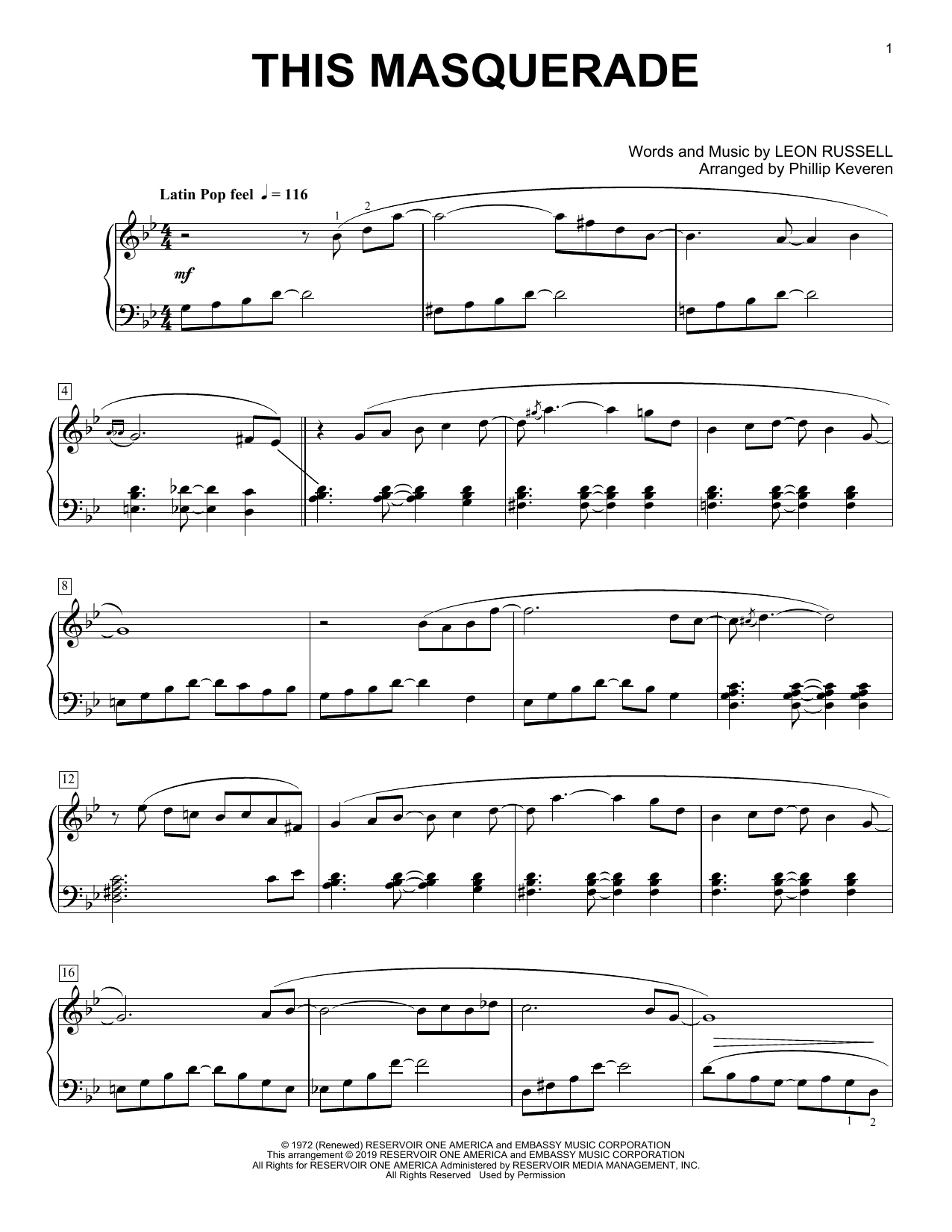 Download Carpenters This Masquerade (arr. Phillip Keveren) Sheet Music and learn how to play Piano Solo PDF digital score in minutes