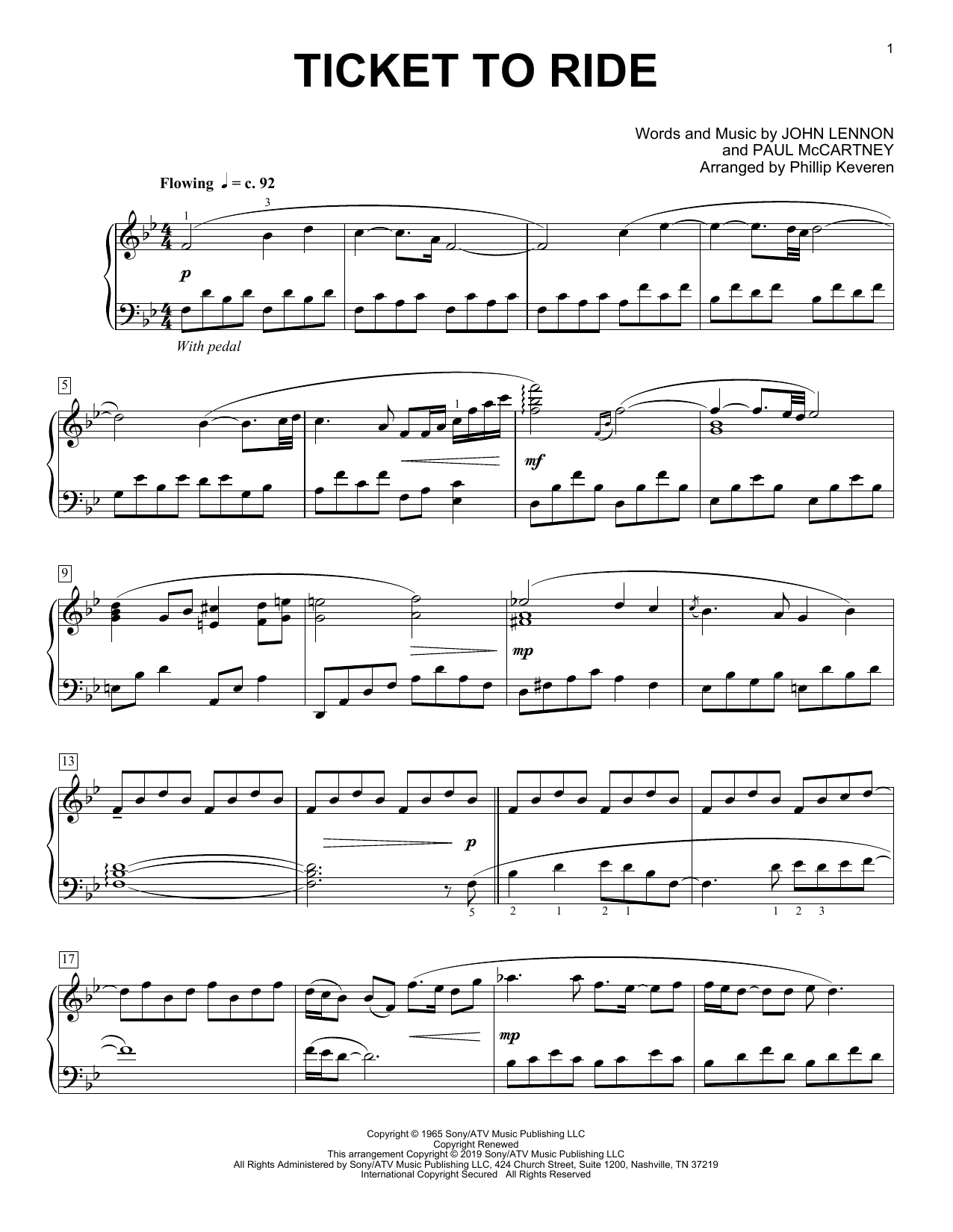 Download Carpenters Ticket To Ride (arr. Phillip Keveren) Sheet Music and learn how to play Piano Solo PDF digital score in minutes