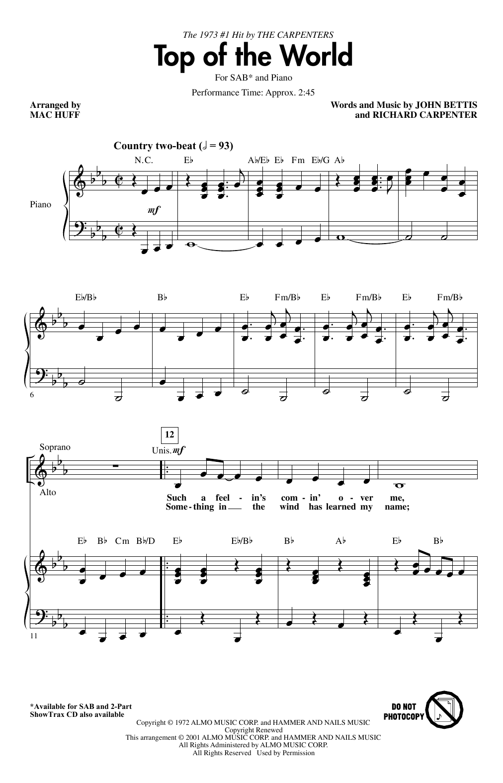 Download Carpenters Top Of The World (arr. Mac Huff) Sheet Music and learn how to play SAB Choir PDF digital score in minutes