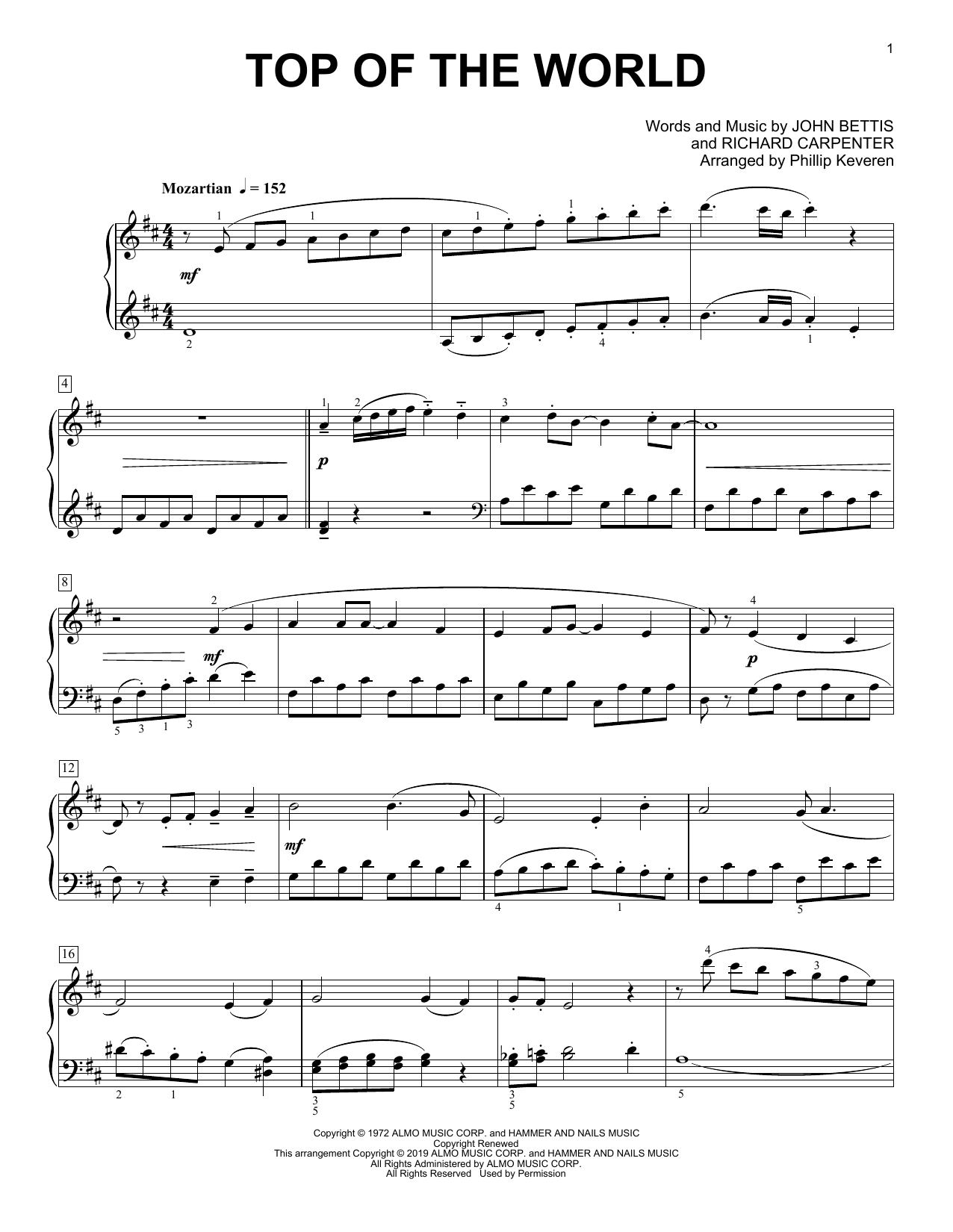 Download Carpenters Top Of The World (arr. Phillip Keveren) Sheet Music and learn how to play Piano Solo PDF digital score in minutes