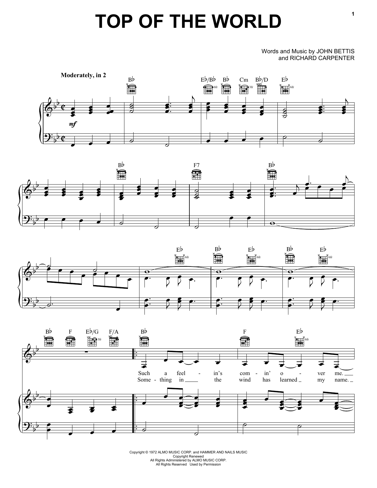 Download Carpenters Top Of The World Sheet Music and learn how to play Easy Piano PDF digital score in minutes
