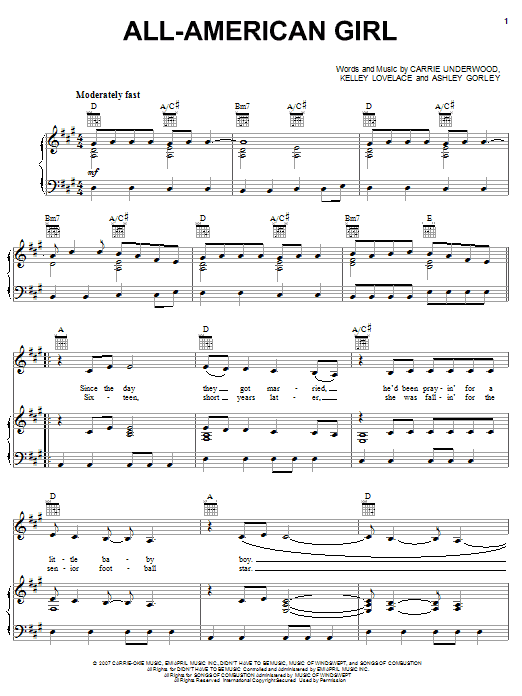 Download Carrie Underwood All-American Girl Sheet Music and learn how to play Piano, Vocal & Guitar (Right-Hand Melody) PDF digital score in minutes