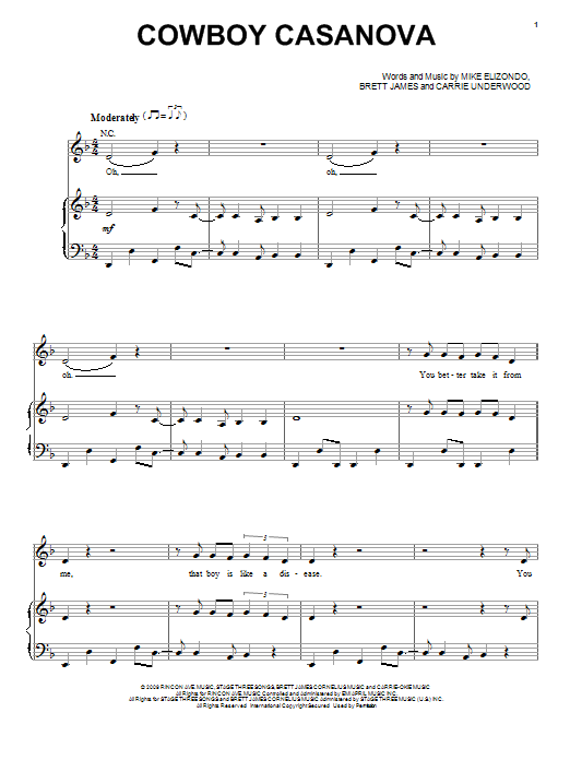 Download Carrie Underwood Cowboy Casanova Sheet Music and learn how to play Piano, Vocal & Guitar (Right-Hand Melody) PDF digital score in minutes