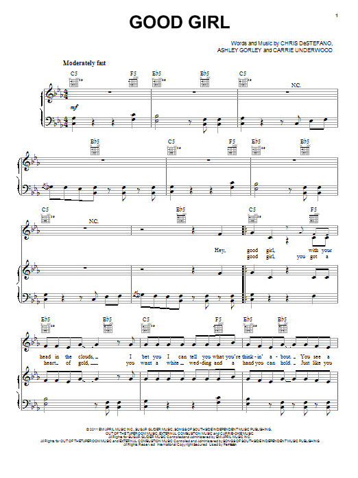 Download Carrie Underwood Good Girl Sheet Music and learn how to play Piano, Vocal & Guitar (Right-Hand Melody) PDF digital score in minutes