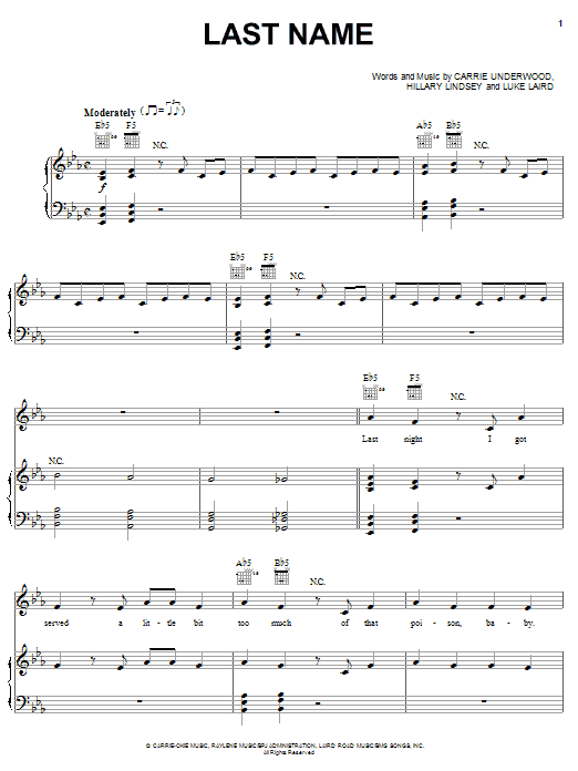 Download Carrie Underwood Last Name Sheet Music and learn how to play Piano, Vocal & Guitar (Right-Hand Melody) PDF digital score in minutes