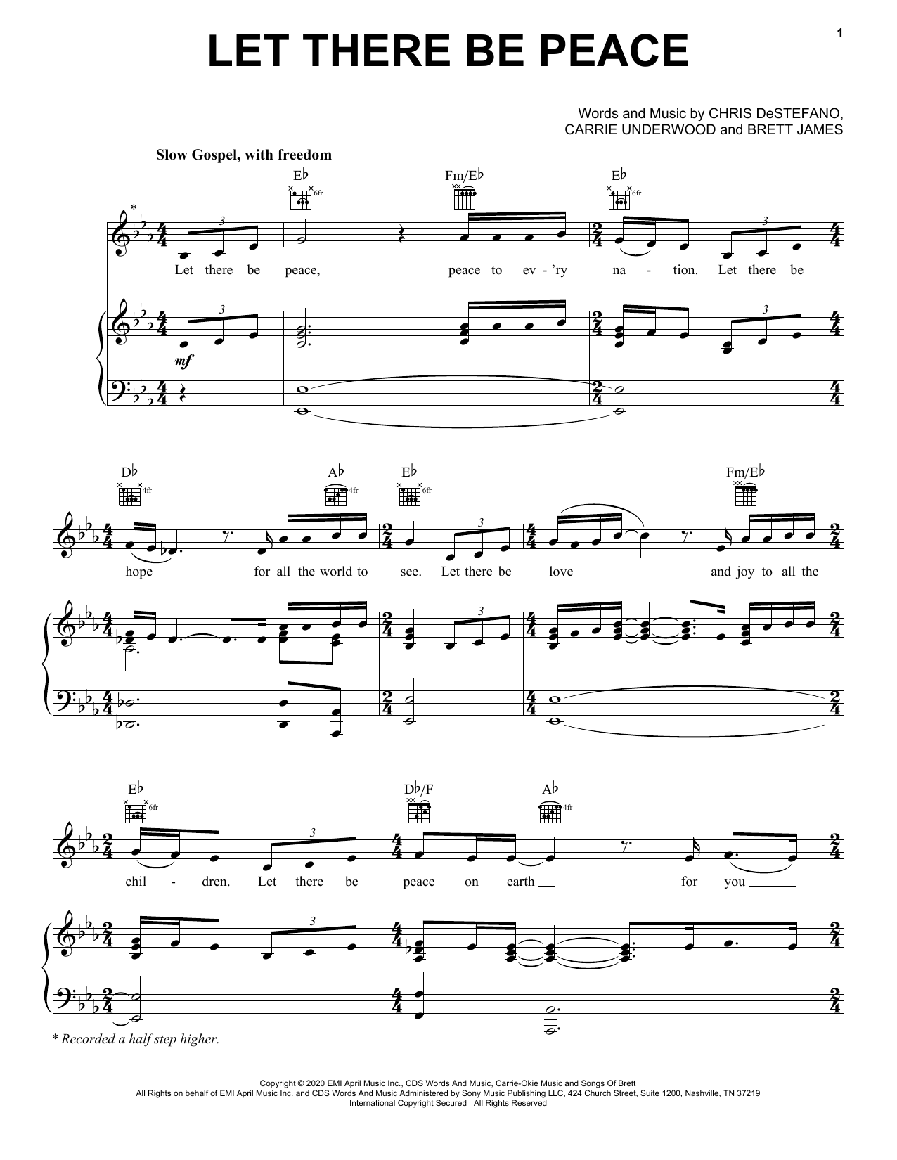 Download Carrie Underwood Let There Be Peace Sheet Music and learn how to play Piano, Vocal & Guitar Chords (Right-Hand Melody) PDF digital score in minutes