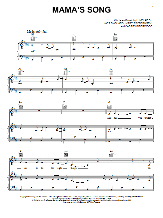 Download Carrie Underwood Mama's Song Sheet Music and learn how to play Piano, Vocal & Guitar (Right-Hand Melody) PDF digital score in minutes