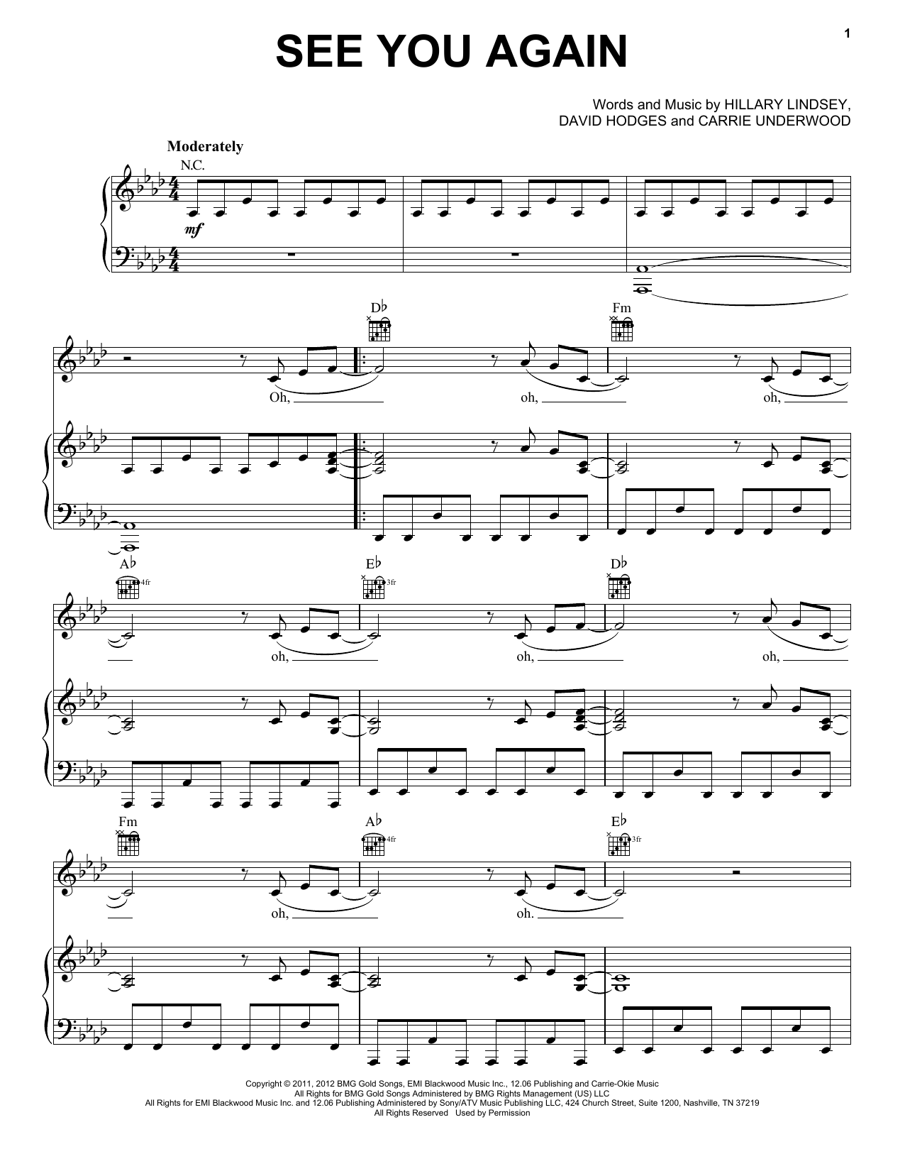 Download Carrie Underwood See You Again Sheet Music and learn how to play Piano, Vocal & Guitar Chords (Right-Hand Melody) PDF digital score in minutes