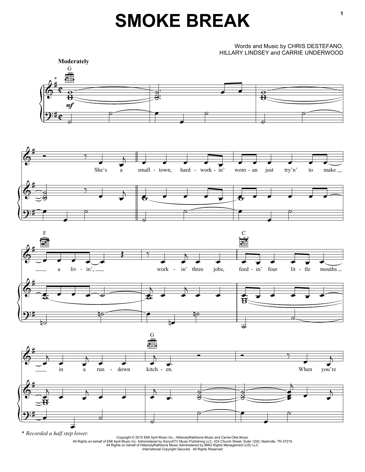 Download Carrie Underwood Smoke Break Sheet Music and learn how to play Piano, Vocal & Guitar (Right-Hand Melody) PDF digital score in minutes