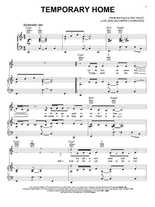 Download Carrie Underwood Temporary Home Sheet Music and learn how to play Piano, Vocal & Guitar (Right-Hand Melody) PDF digital score in minutes