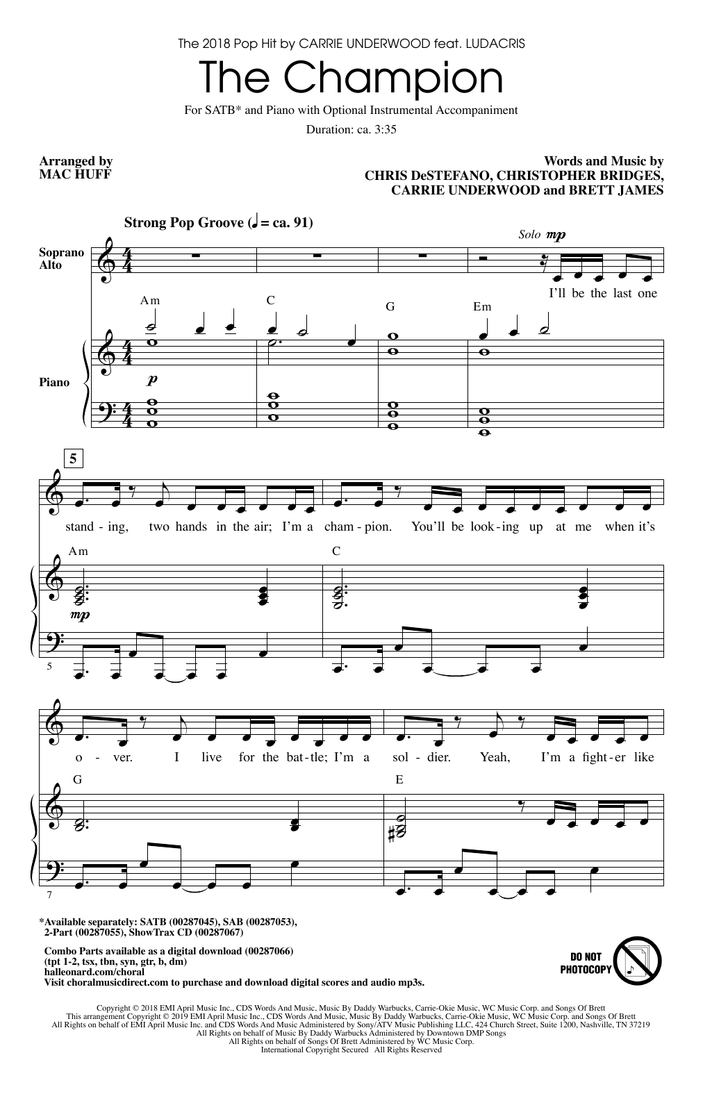 Download Carrie Underwood The Champion (feat. Ludacris) (arr. Mac Huff) Sheet Music and learn how to play 2-Part Choir PDF digital score in minutes