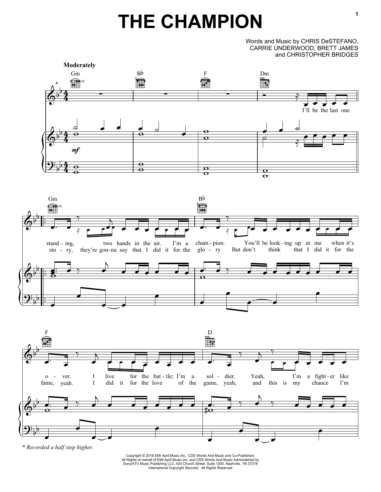 Download Carrie Underwood The Champion Sheet Music and learn how to play Piano, Vocal & Guitar (Right-Hand Melody) PDF digital score in minutes