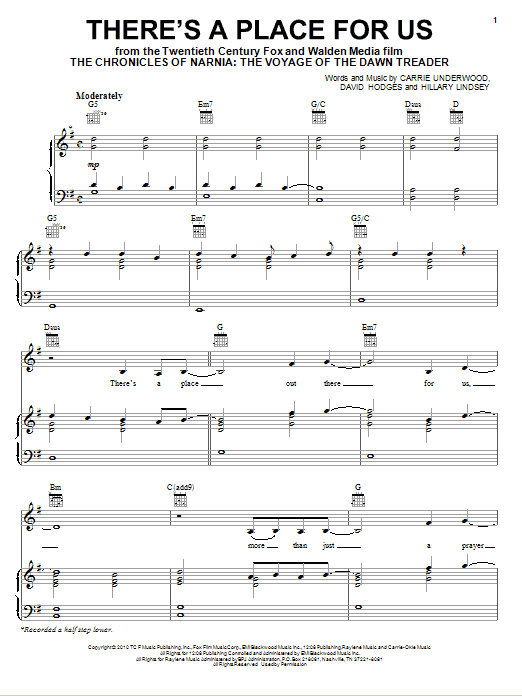 Download Carrie Underwood There's A Place For Us Sheet Music and learn how to play Piano, Vocal & Guitar (Right-Hand Melody) PDF digital score in minutes