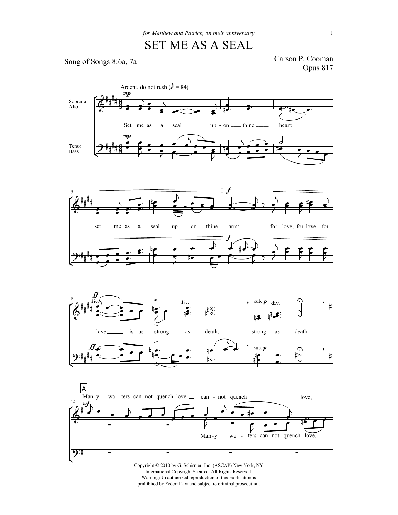 Download Carson Cooman Set Me As a Seal Sheet Music and learn how to play SATB PDF digital score in minutes