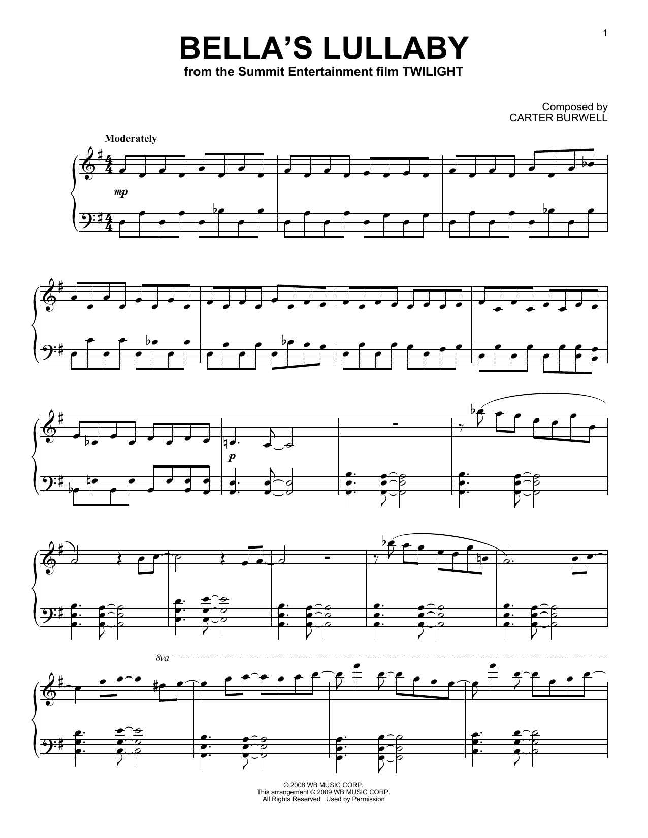 Download Carter Burwell Bella's Lullaby Sheet Music and learn how to play Piano Duet PDF digital score in minutes